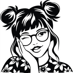 Black and white cheerful woman with space buns winks while holding her face