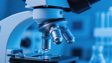 Fototapeta premium A close - up of a microscope in a laboratory showcases the precision of scientific research instruments, conveying a professional atmosphere of exploring the microscopic world.