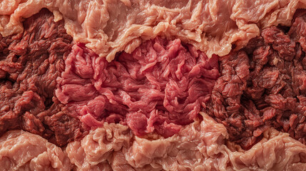 Obraz premium A fractal pattern of carcinogenic warning labels crafted from processed meat textures, forming an infinite loop. ﻿