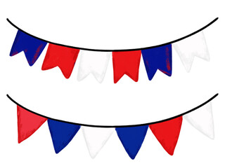Obraz premium Set collection of Cute hand drawn happy 14th 14 july France bastille independence day bunting flag garland blue navy red crayon watercolor brush grunge theme doodle kids illustration design clipart