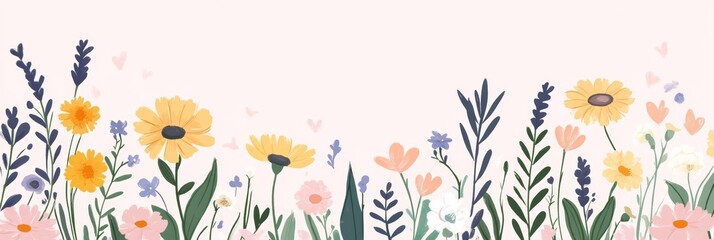 Fototapeta premium Gentle Meadow Watercolour Illustration Featuring Pale Lavender Wildflowers and Pastel Backdrop