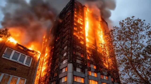 A high-rise building is engulfed in a destructive blaze, with flames climbing the facade and smoke billowing upwards, symbolizing a catastrophic fire incident.