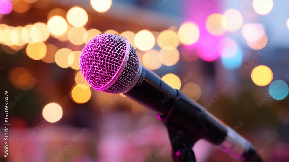 Poster close-up of a microphone against a colorful bokeh background at an outdoor music event in the evenin