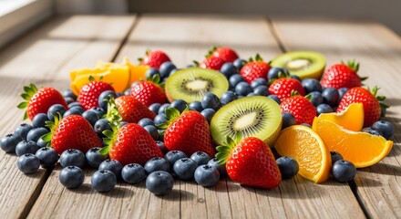 Wide-angle view of assorted fresh fruits including strawberries, blueberries, kiwi, and orange slices arranged on rustic wooden table with natural light.