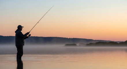 Man Fishing in a Calm Lake at Sunrise with Mist and Scenic Landscape