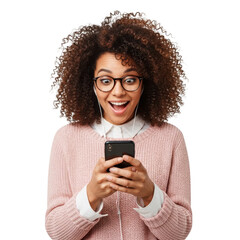 Surprised woman looking at phone isolated on transparent background
