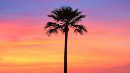 Obraz premium Palm silhouetted at sunset, pink and orange vibrant sky
