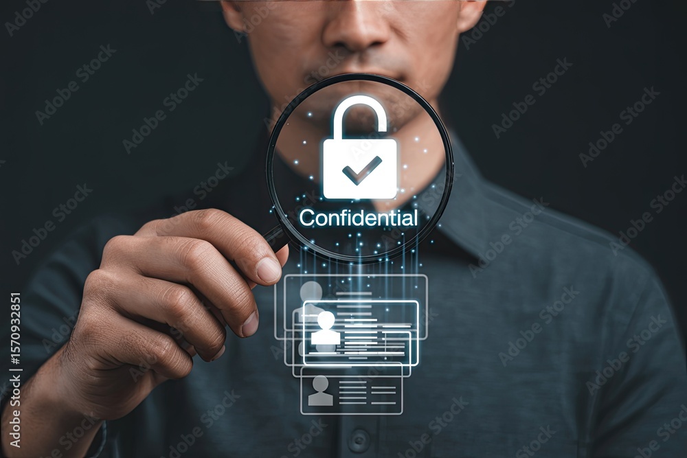 Poster man holding magnifying glass over confidential data and locked files symbolizing security and privac