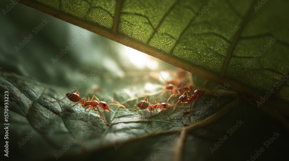 Poster a group of ants exploring the surface of a large leaf, with the play of light and shadow enhancing t