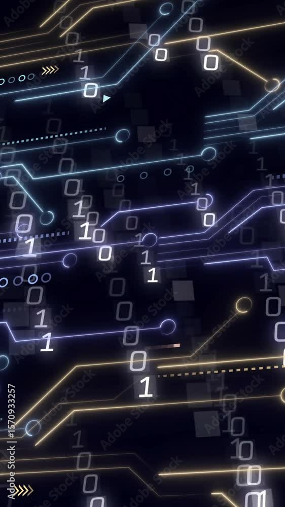 Poster animation of binary coding data processing over black background