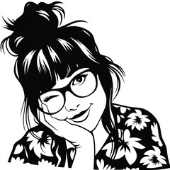 Asian woman with glasses winks, resting her face on hand and smiling