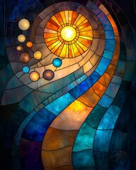 Radiant orbit concept with stained glass solar system art with glowing planets, solar system stained glass with radiant star, abstract stained glass solar system design with celestial harmony