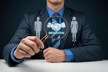 Man in suit holding magnifying glass over handshake icon representing mediation between two figures symbolizing conflict resolution