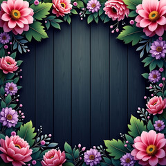 Elegant Floral Border Frame with Colorful Flowers on Dark Wooden Background