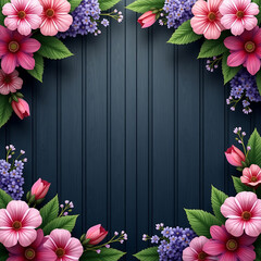 Elegant Floral Border Frame with Colorful Flowers on Dark Wooden Background