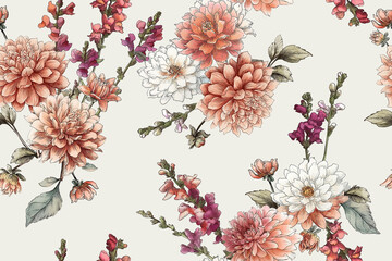 Vintage flowers pattern composition with Beautiful Dahlia and Snapdragon floral bouquet. Seamless repeat botany bud, flower stalk in soft pink color