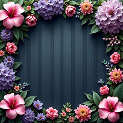 Elegant Floral Border Frame with Colorful Flowers on Dark Wooden Background