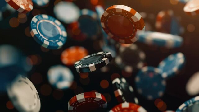 A pile of colorful casino chips falls through the air, great for backgrounds or game-themed designs