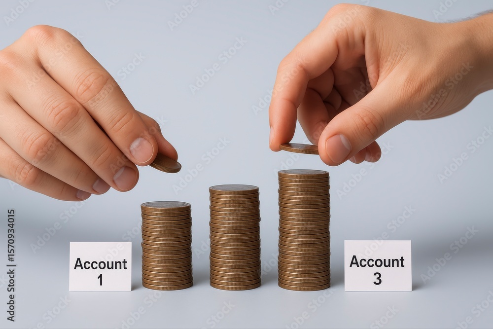 Poster adding coins to stacks labeled account one and account three with hands