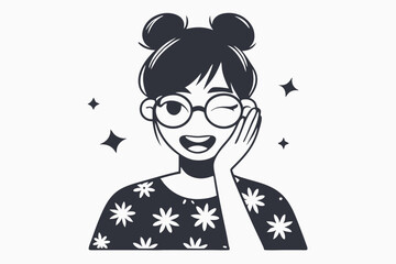 Charming girl with glasses winks and rests her cheek in a black and white palette