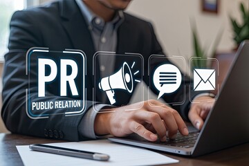 Man in suit working on laptop with public relations icons for communication and outreach