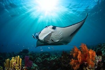 Majestic Manta Ray Gracefully Gliding Through Vibrant Coral Reef