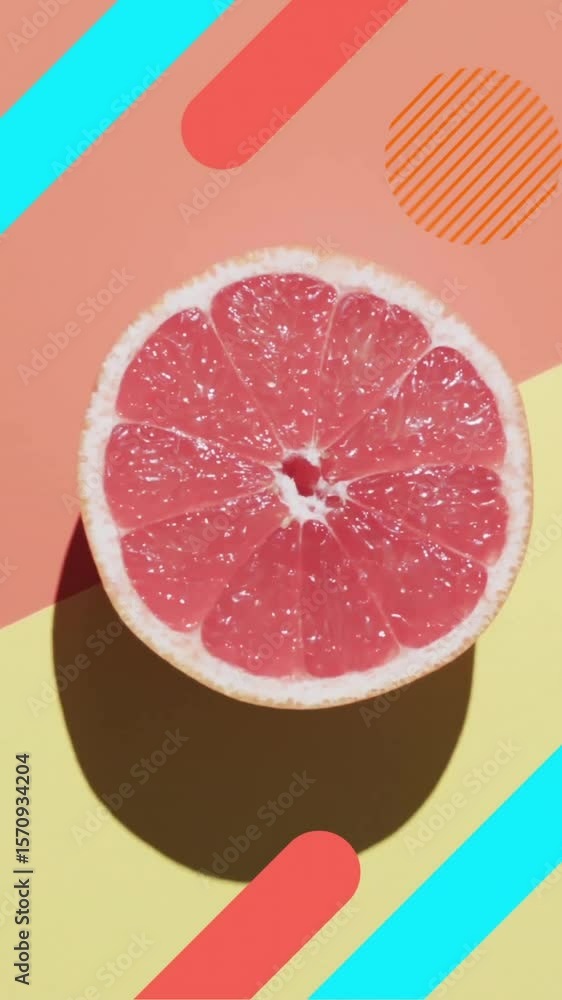 Poster composition of halved grapefruit and abstract shapes on yellow and red background