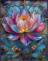 Lotus for decorated with elegant stained glass lotus in pink and blue, symmetrical stained glass lotus with glowing lines, mindful stained glass lotus design for purity