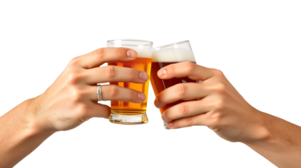 Man hands holding beer glass, toast isolated on transparent background