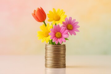 Colorful flowers arranged in a vase made of stacked golden coins art