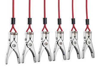 Six metal alligator clips with red cables hanging down isolated on transparent background. A group of six silver metal alligator clips attached to a red wire