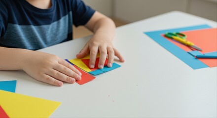 boy gluing paper together at table indoors  