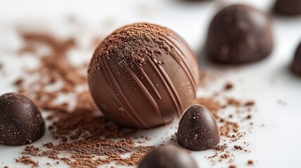 Truffle chocolate structural fracture with tempered shell cracking to reveal ganache core and cacao powder particle dispersal