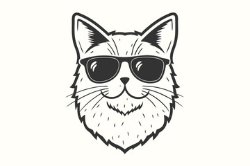 Monochrome outlined feline face wears dark sunglasses and displays a cool demeanor
