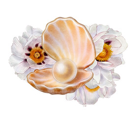 Open seashell with round pearl surrounded by blooming white peonies. Watercolor hand-drawn marine and floral illustration on white background. Ideal for wedding cards, invitations, or packaging.