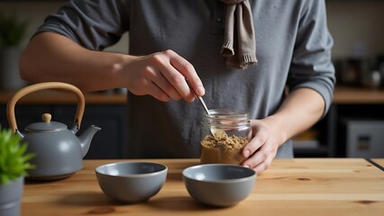 Person making tea, close-up, warm tones, daily routine and mindfulness