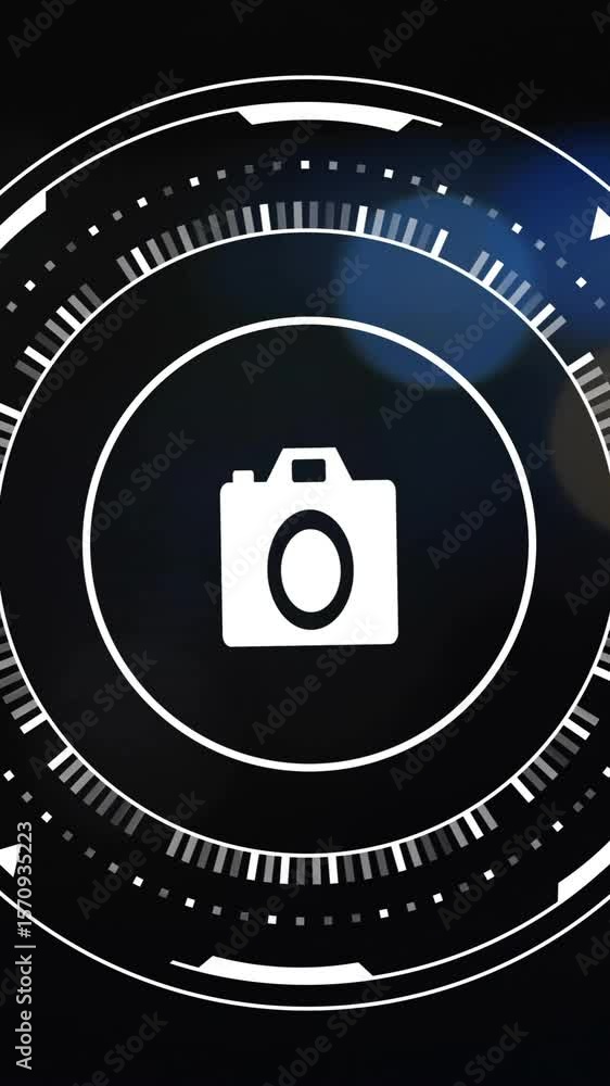 Poster Animation of scope and camera icon with data processing over black background
