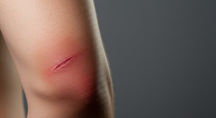 Close-up bruised elbow with scrape on grey background  