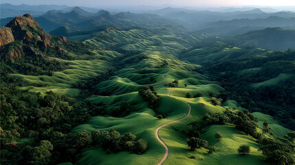 Serene green rolling hills landscape with winding path and mountain views