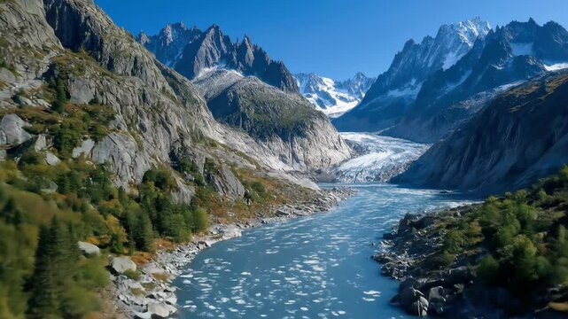 A stunning mountain landscape showcasing a pristine river, a glacier nestled between peaks, and the serenity of nature. Explore this alpine scene.