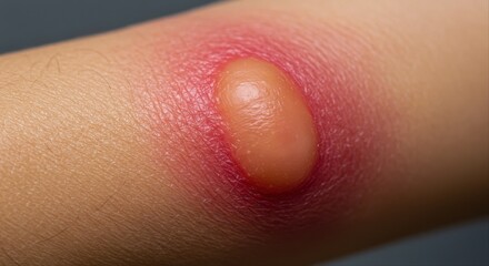 burned hand with blister in close-up view  