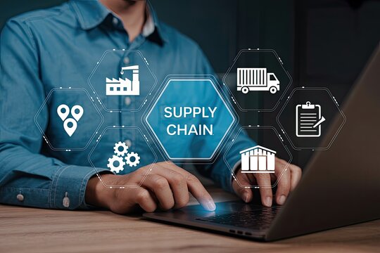 Man using laptop with digital interface showing supply chain icons for logistics manufacturing and distribution