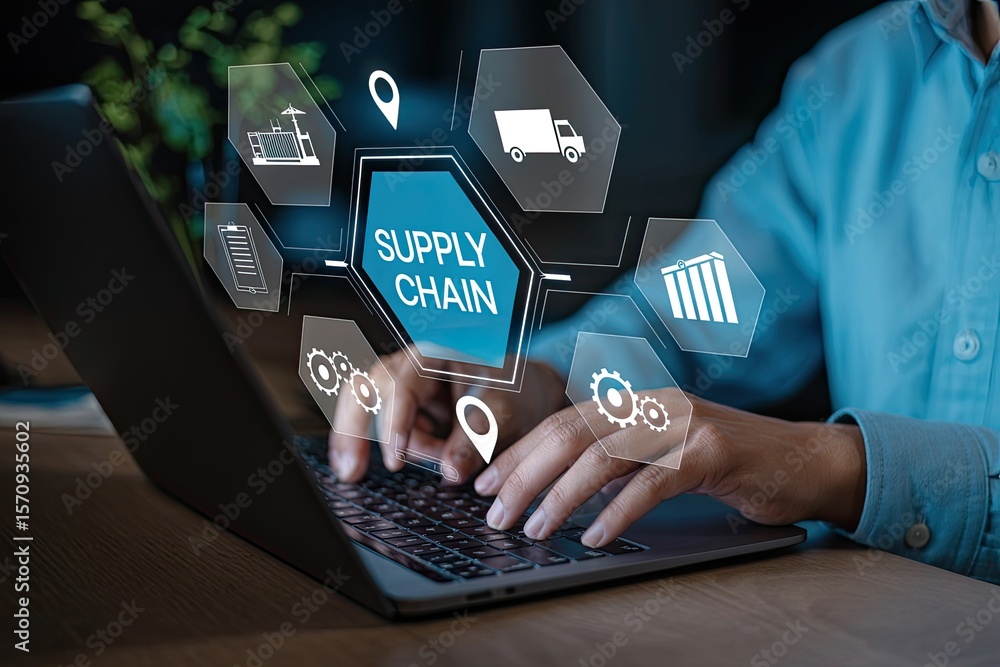 Poster modern supply chain management concept visualized with icons and a person working on a laptop comput
