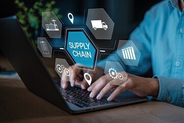 Modern supply chain management concept visualized with icons and a person working on a laptop computer
