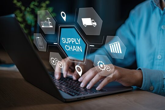 Modern supply chain management concept visualized with icons and a person working on a laptop computer