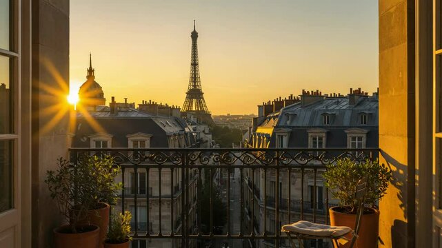 The eiffel tower is seen from a balcony in paris at sunrise
