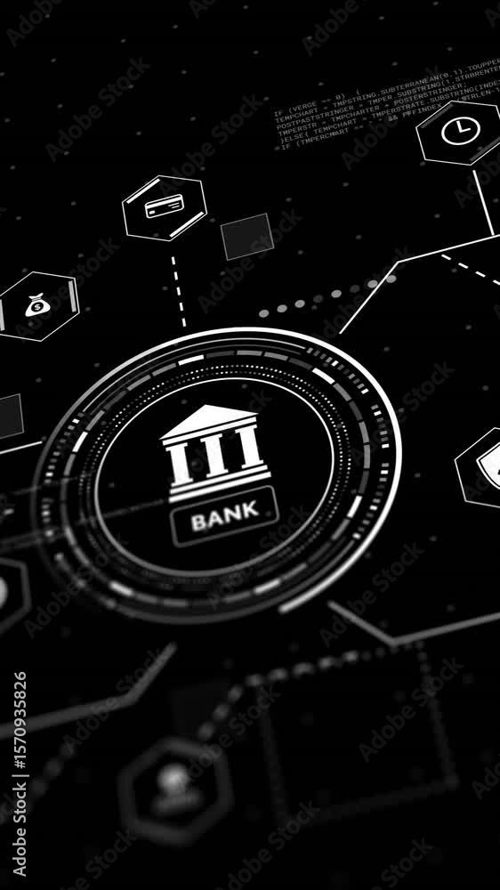 Poster animation of bank and business icons with data processing over black background