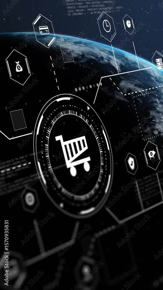 Poster animation of network of connections with business icons over globe on black background