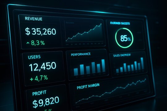 Close up of a digital dashboard showing business performance metrics