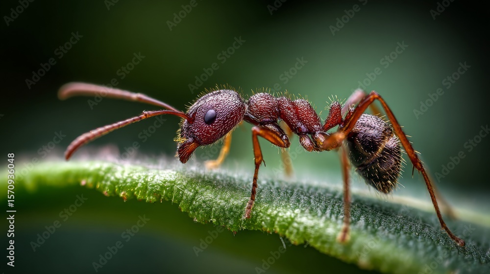 Poster a high-resolution image of a single ant on a green leaf, showcasing its fine details and texture as 